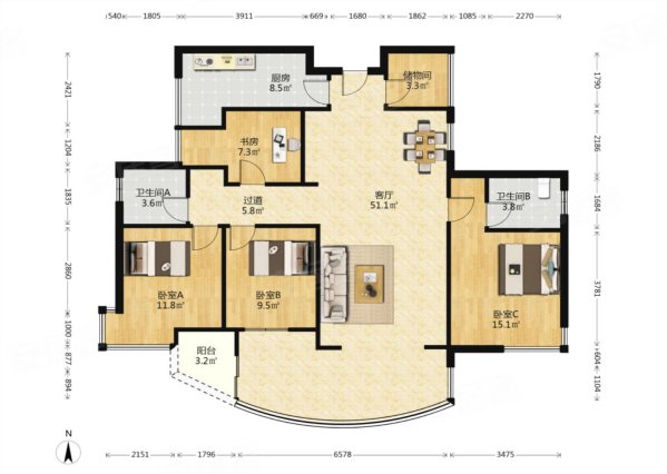 融科紫檀4室2厅2卫142.01㎡南北220万