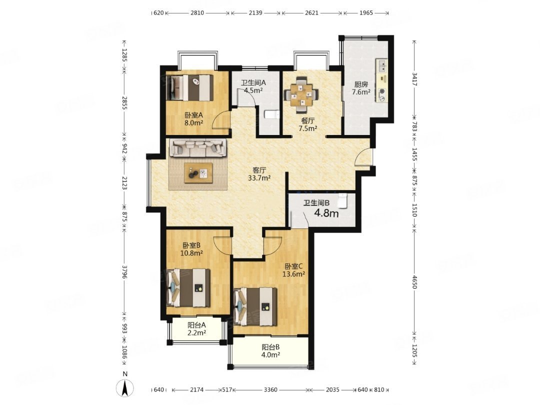 海信都市春天3室2厅2卫119.53㎡南北385万