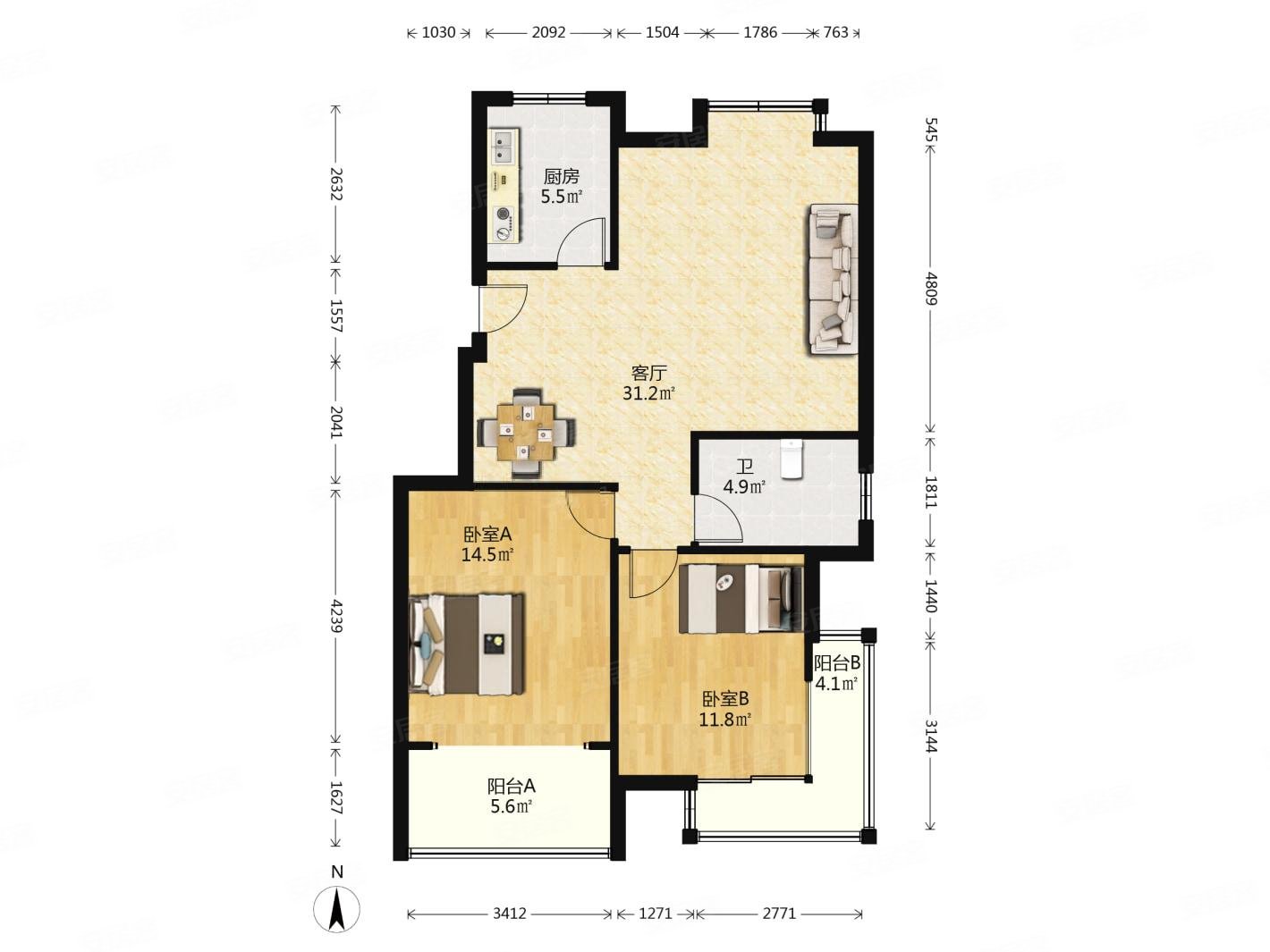文博苑2室2厅1卫90.21㎡南北158万