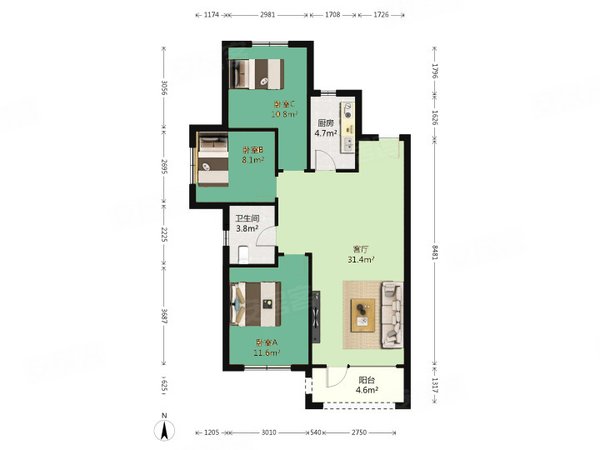 美的城,荷兰村租房,临地铁大三室两卫