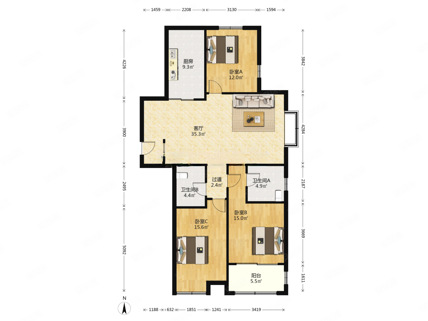 鲁润静园146平大3室双南卧室南北通透全明户型有车位