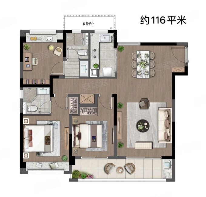 云熹花园3室2厅2卫115.56㎡南北220万