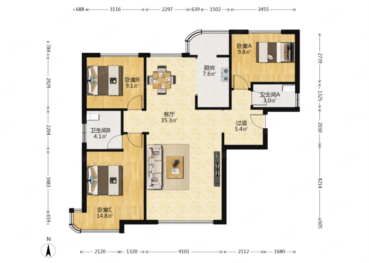 天洋城4代(北区)3室2厅2卫121.96㎡南北190万