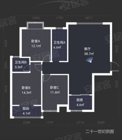 轩苑盛世一期3室2厅2卫125㎡南北65.5万