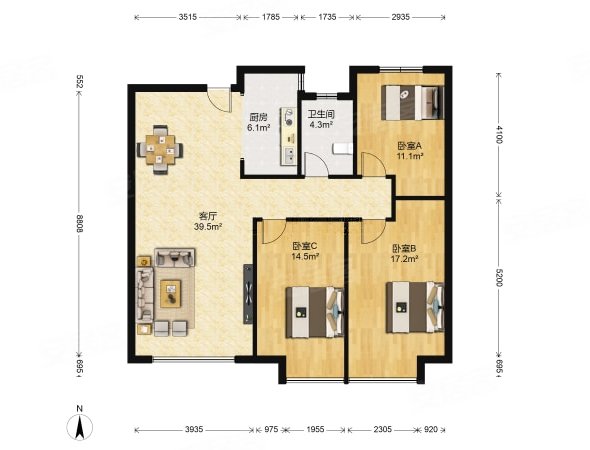 大有公馆3室2厅1卫125.08㎡南北145万