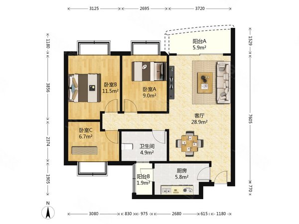 广州海珠广州大道南和平家园和平家园 3室2厅1卫 电梯房 南北通透 精