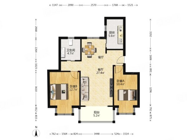 长风瑞仕璟庭2室2厅1卫85.46㎡南北1100万