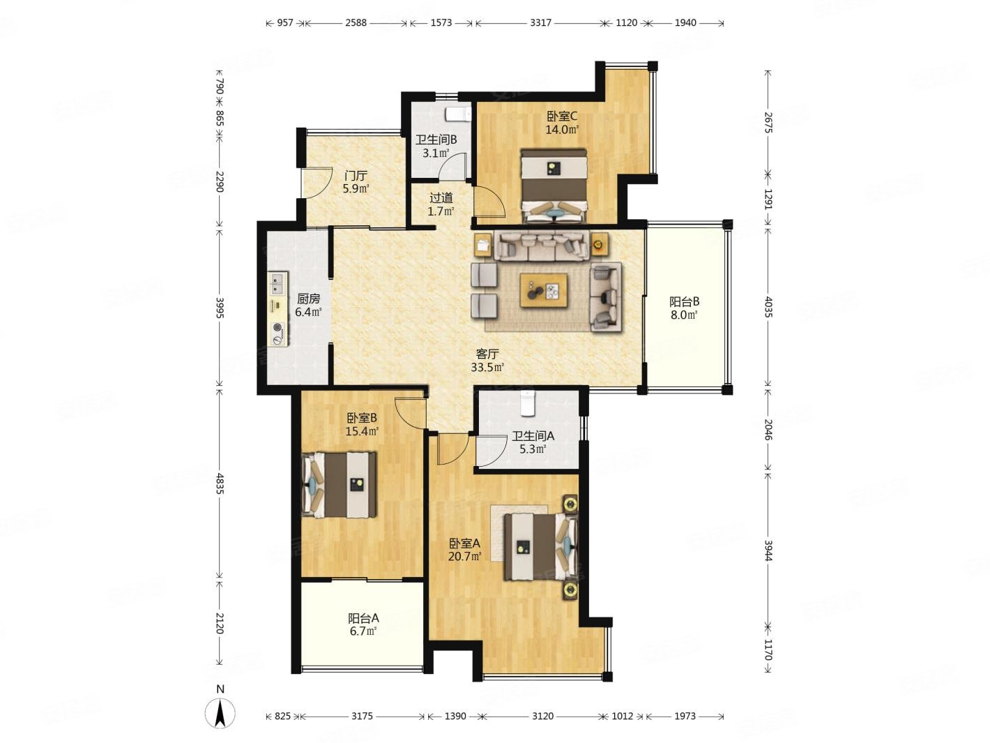 紫园3室2厅1卫136.5㎡南558万