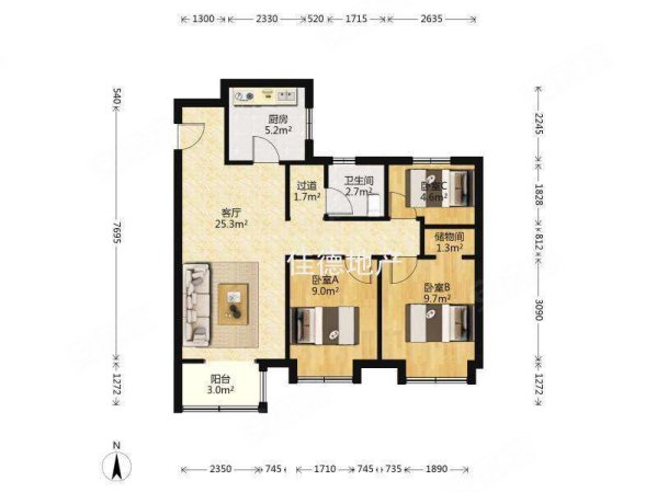 新城悦隽风华滨斓苑3室1厅1卫96㎡南80万