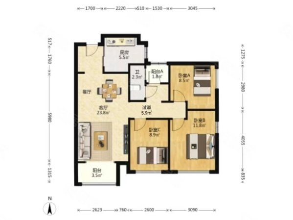 万科城(一期)3室2厅1卫89㎡南北170万