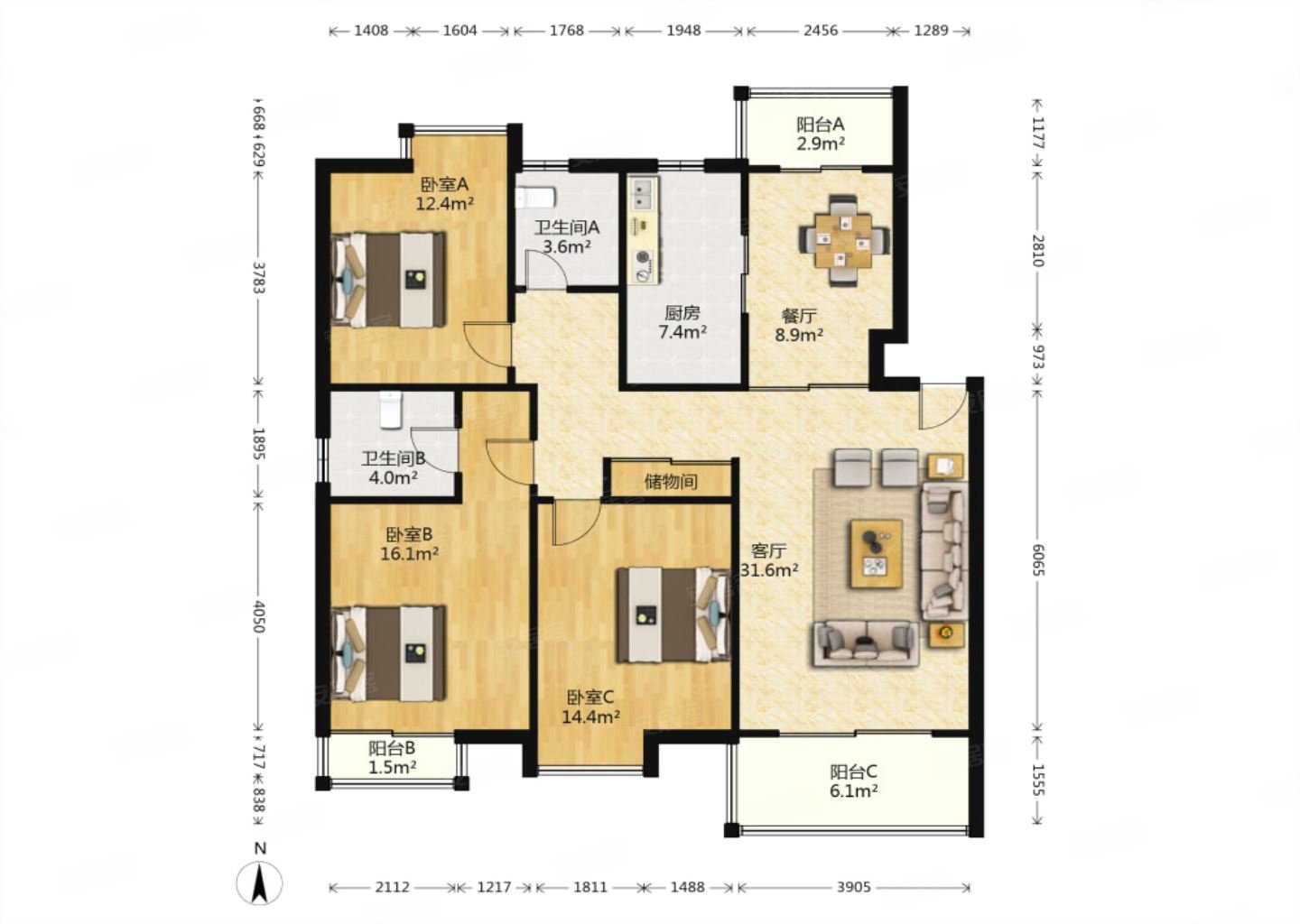 阳光嘉园3室2厅2卫131㎡南432万