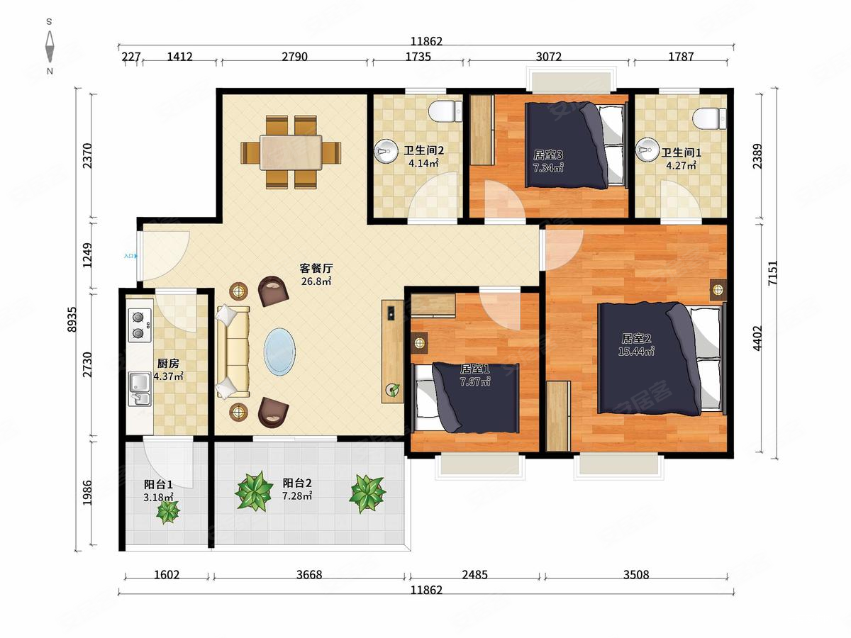 碧桂园凤凰城凤馨苑3室2厅2卫96㎡南北160万