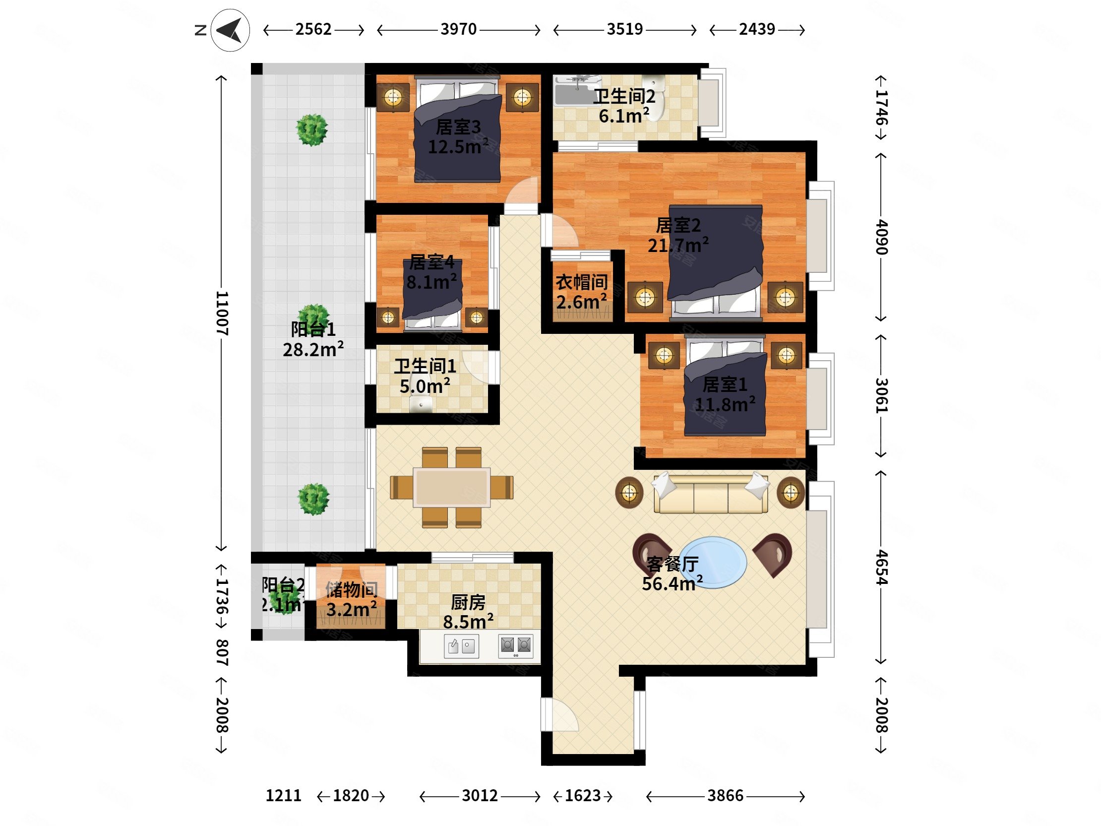 水榭花都二期五房户型主卧宽敞舒适