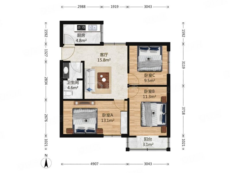 新华街三里3室1厅1卫80.3㎡南北418万