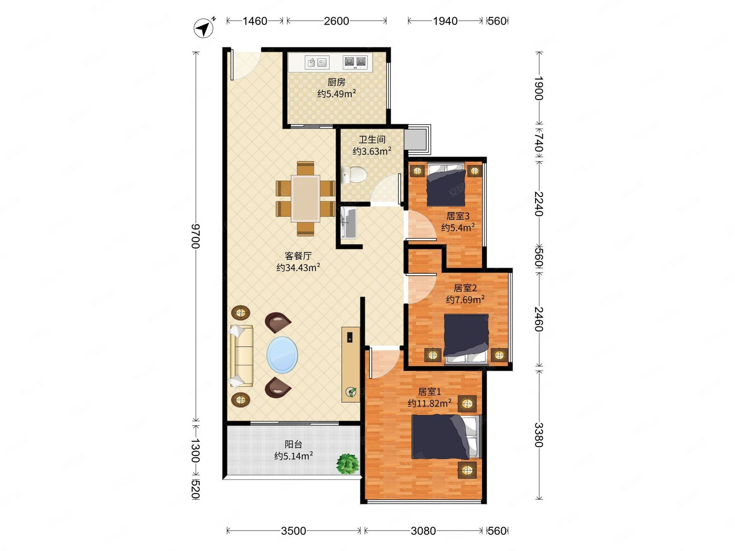 领翔华府3室2厅1卫85.92㎡南北418万