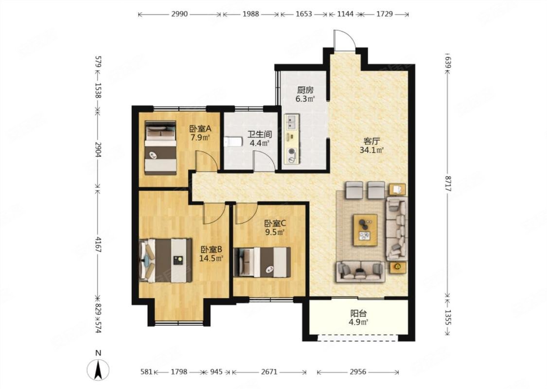 港利上城国际3室2厅1卫109.59㎡南北91万