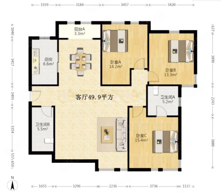 白桦林间3室2厅2卫153.56㎡南北295万