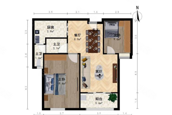 艾溪康桥2室2厅1卫87.64㎡南北121万