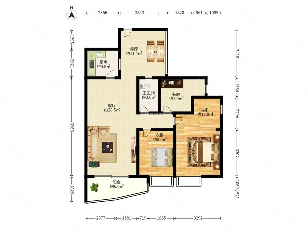 龙城华府3室2厅2卫96.18㎡南北403.95万