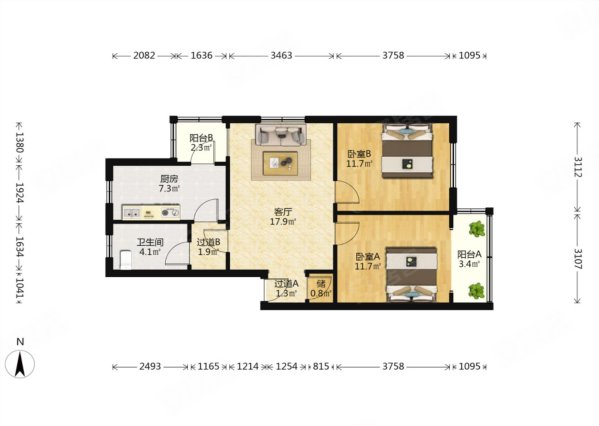 延安路社区2室1厅1卫81.62㎡南北105万