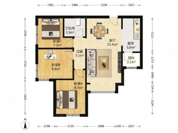 合景香悦四季(西区)3室1厅1卫88.8㎡南北210万