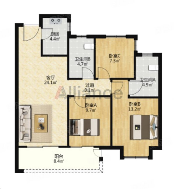 越秀星悦城(公寓住宅)二手房,108万,3室2厅,2卫,95.