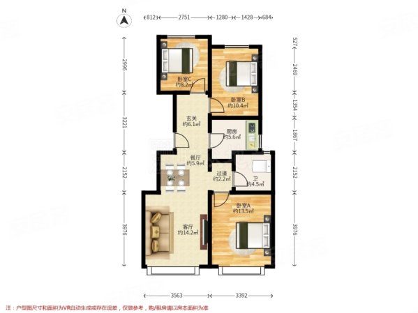 首创新悦都(一区)3室1厅1卫88.4㎡南北363万