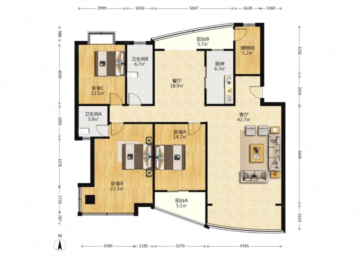 碧海云天大三居两卫没公摊南北阳台小区中心位置