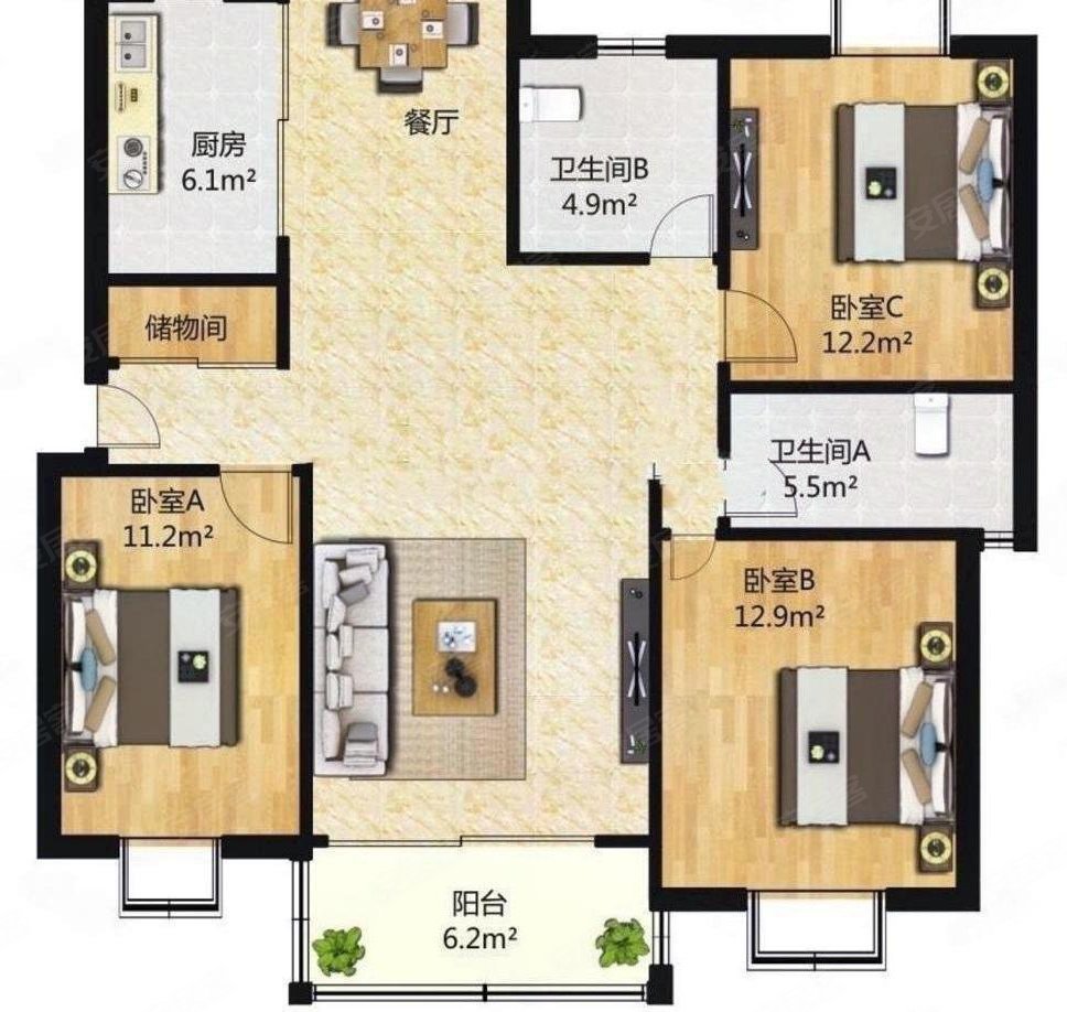紫晶南园3室2厅2卫118.72㎡南北465万