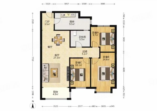 水半湾3室2厅1卫115.83㎡南北78万