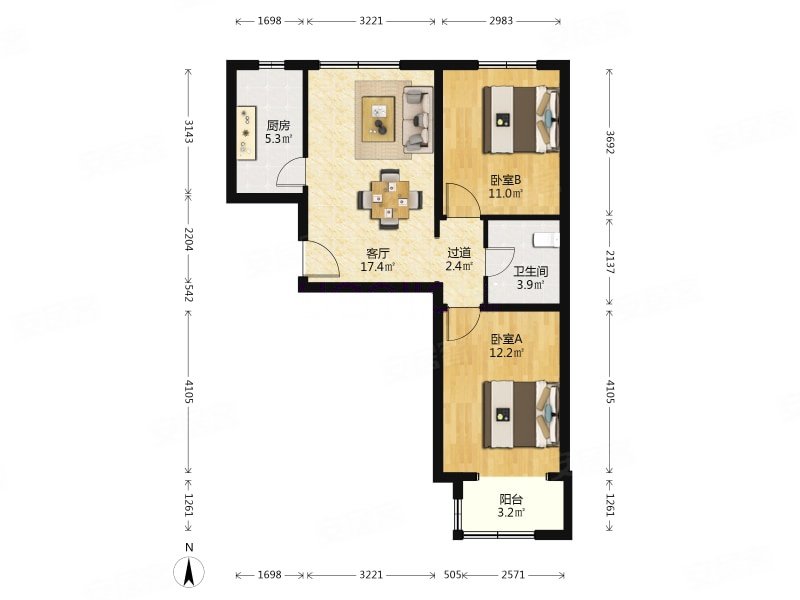 朝阳东五环中高端小区汇景苑南北两居室急售