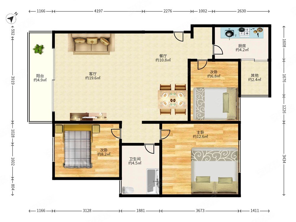 香榭里花园3室2厅1卫92.04㎡南北1200万