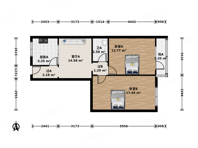 香河园北里2室1厅1卫69.07㎡东西599万