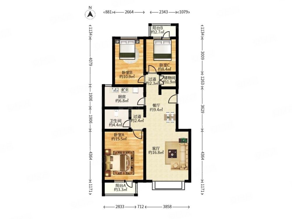 紫云家园10号院3室1厅1卫103㎡南北470万