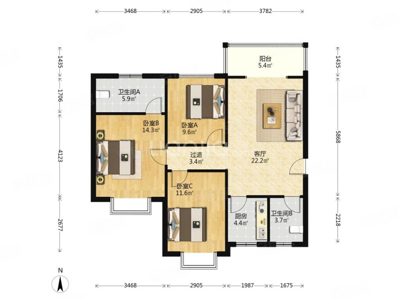 都市春天3室2厅2卫103.07㎡南北180万