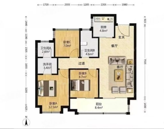 都会19073室2厅2卫105.51㎡南北188万