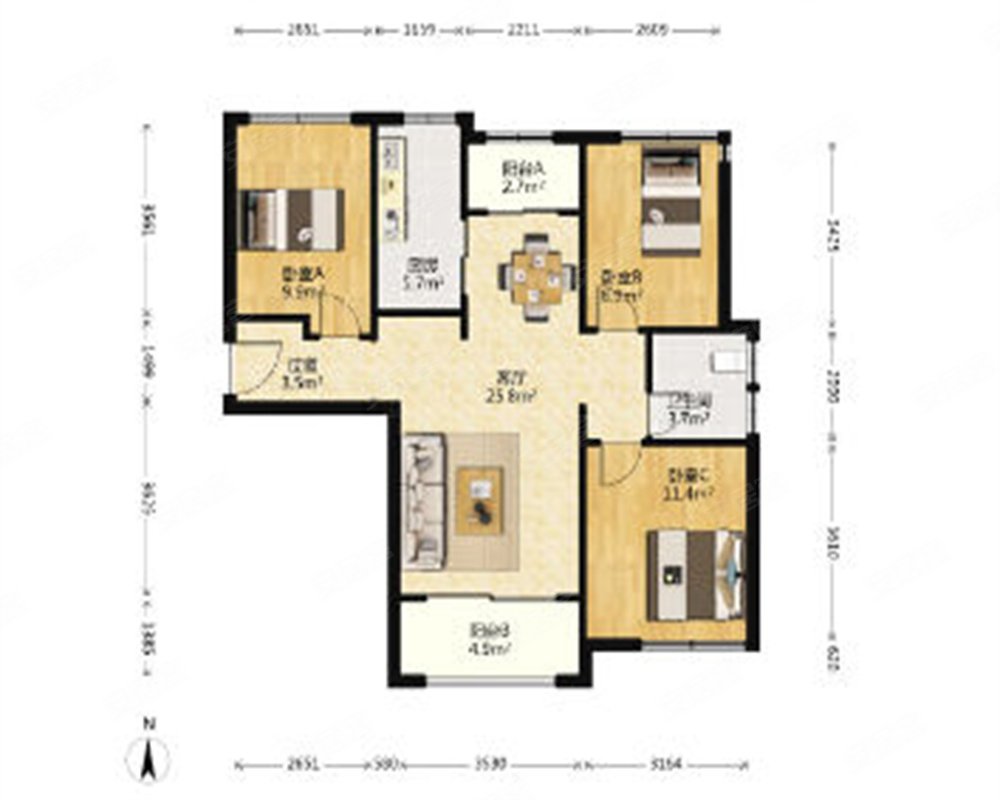 万科蓝山二期南北通透三居室明卫有一间北卧不算产证面积