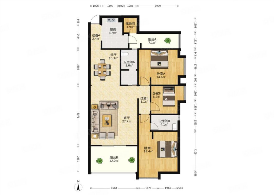 可公积金贷款!随时看,银海领域二手房,139万,3室2厅,2卫,136.
