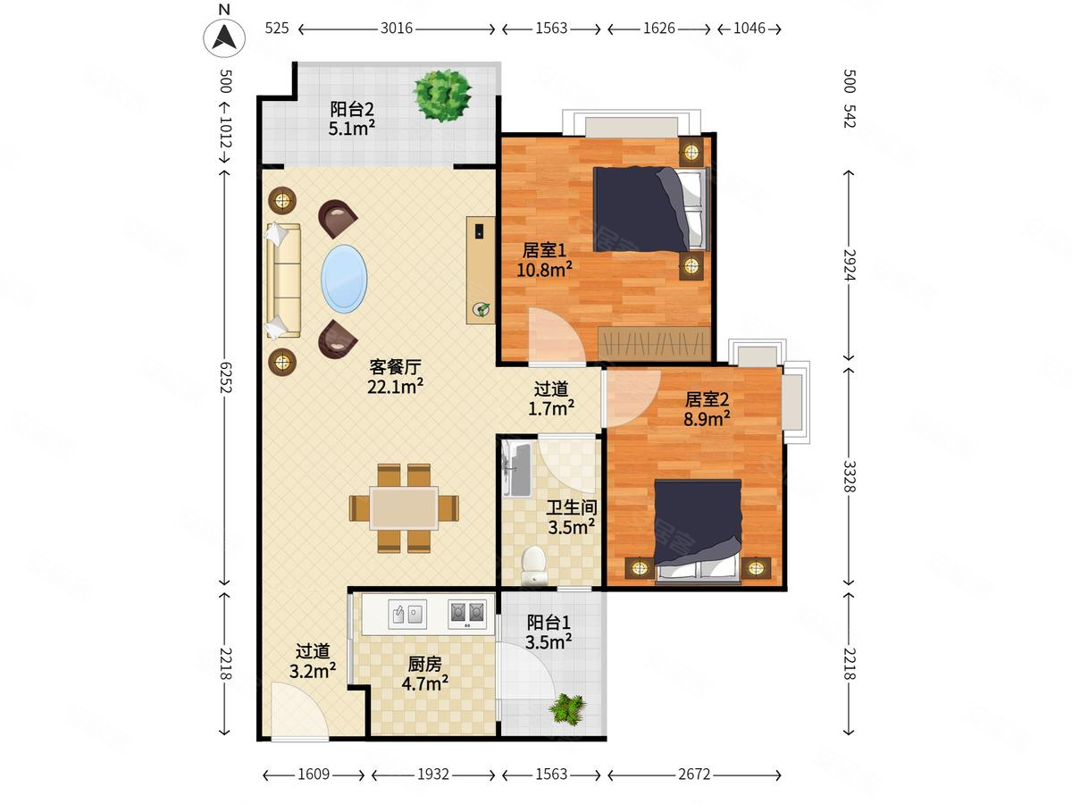 美心翡翠明庭2室2厅1卫72.82㎡南北155万