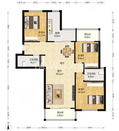 上海闵行莘庄南广场上海康城上海康城 3室2厅2卫 电梯房 127平 南北