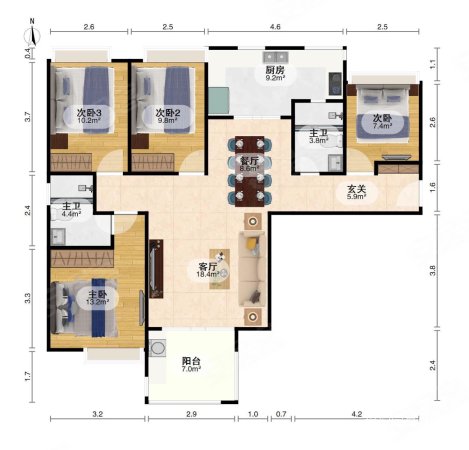 中建开元公馆4室2厅2卫137.57㎡南北257万