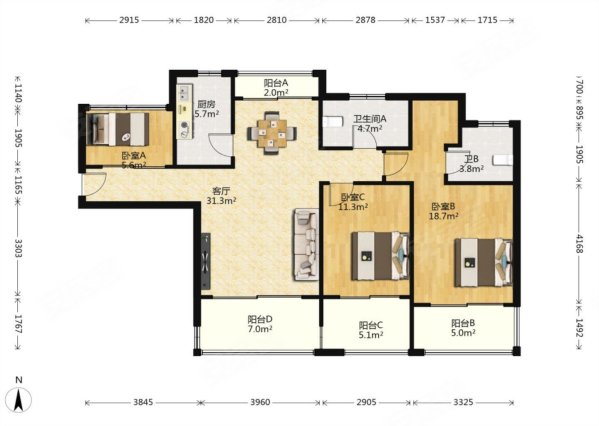 新未来花园潇邦西区3室2厅2卫117㎡南北580万