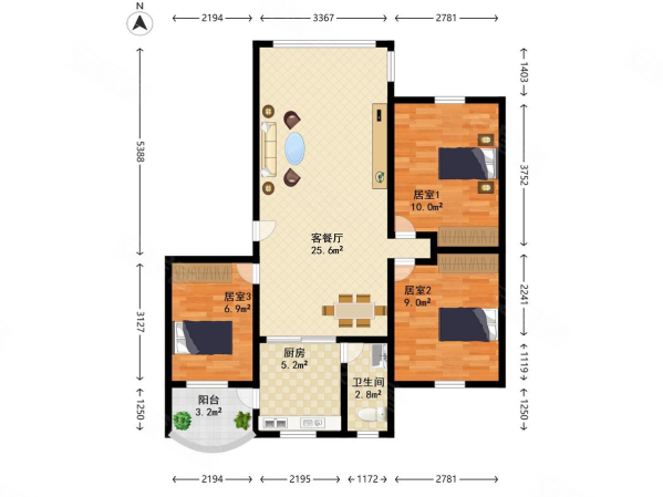 荷景一区3室2厅1卫91㎡南北125万