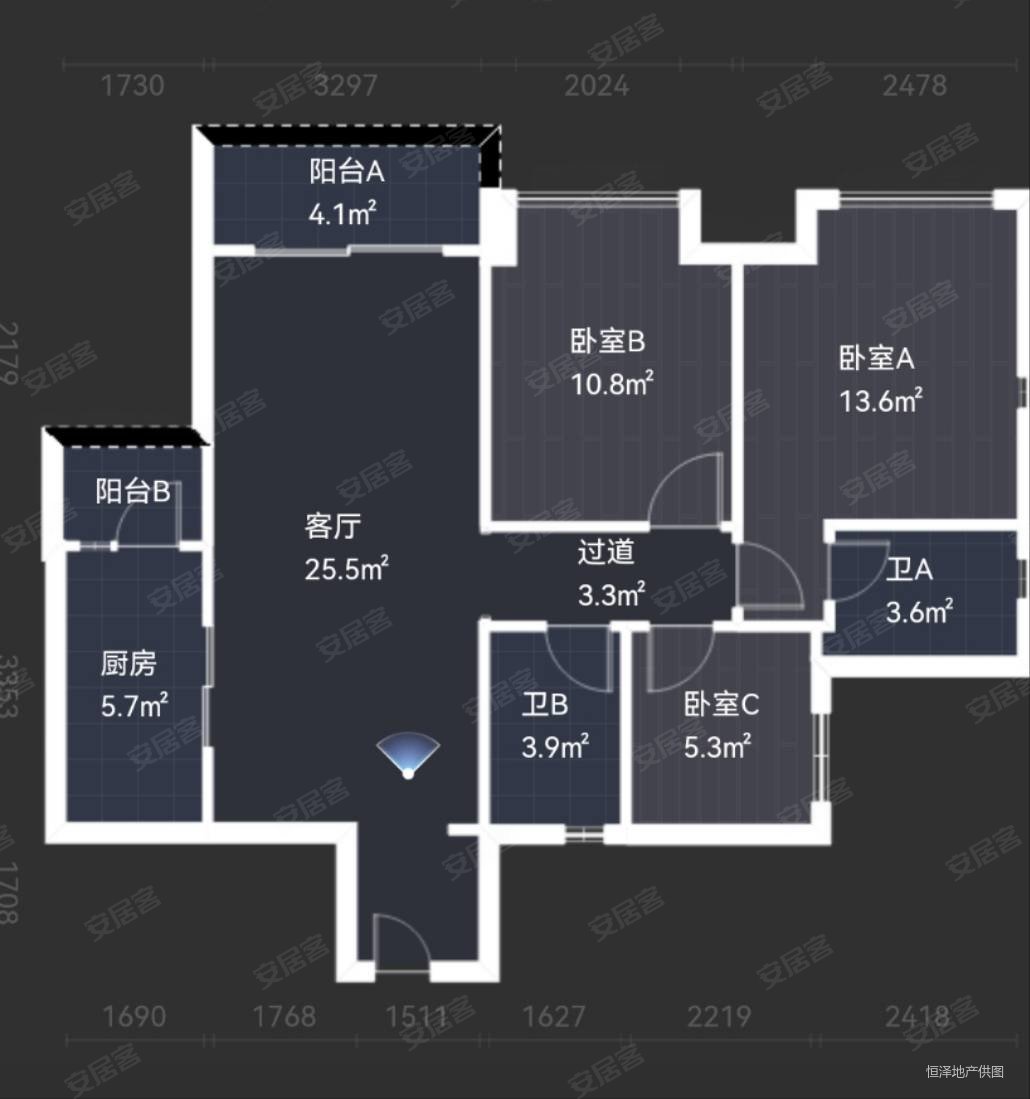 业主自住房,户型方正采光好无遮挡,保利翡翠公馆二手房,156万,3室2厅