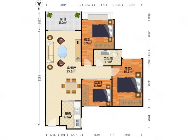 联建君钰府3室2厅1卫85.37㎡南580万