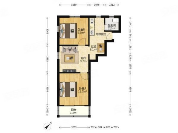 俞一小区2室1厅1卫57.55㎡南北388万