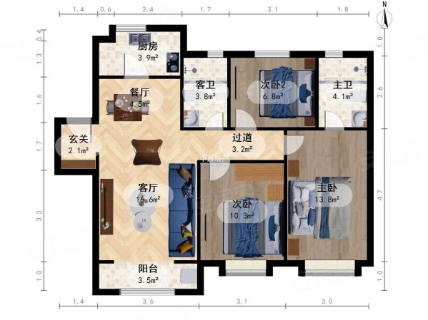 金地中骏和悦府3室2厅2卫97㎡南北135.1万