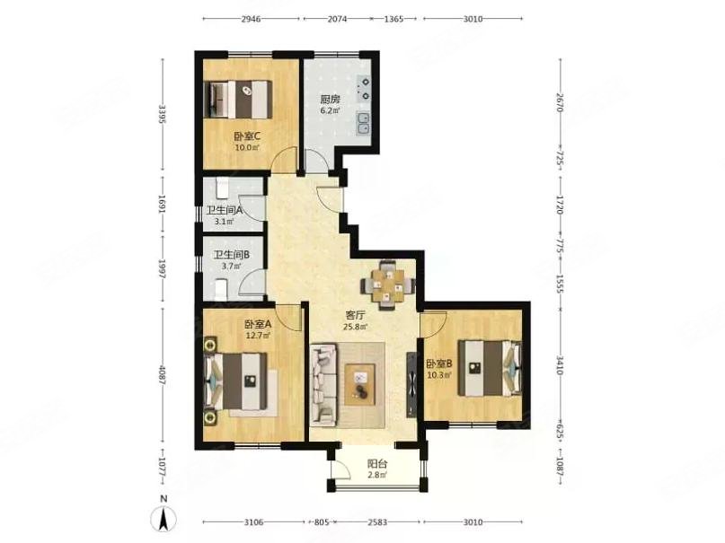 南海家园二里3室2厅2卫108.49㎡南北468万