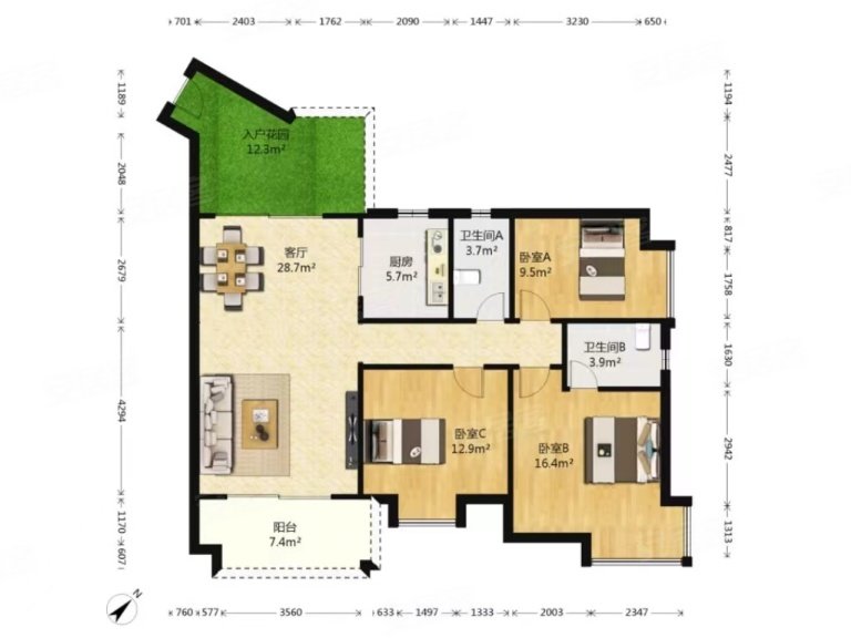 富力银禧花园3室2厅2卫128.18㎡南900万