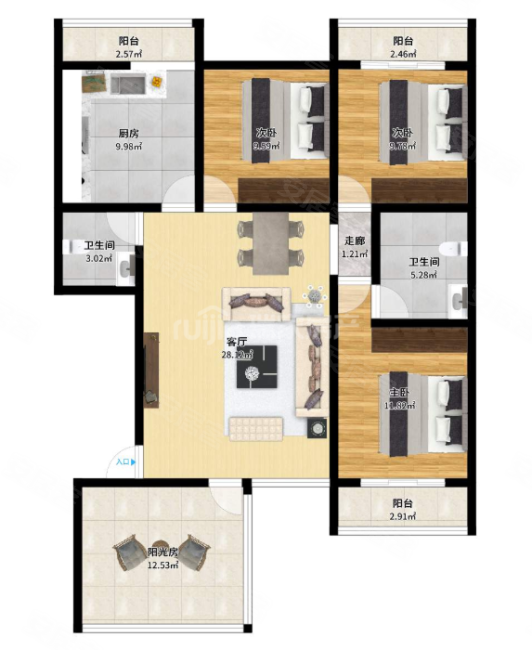 鸿坤罗纳河谷3室2厅2卫136㎡南北125万